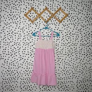 Crown & Ivy Pink Gingham Print Crochet Overlay Ruffle Hem Girls Sleeveless Dress